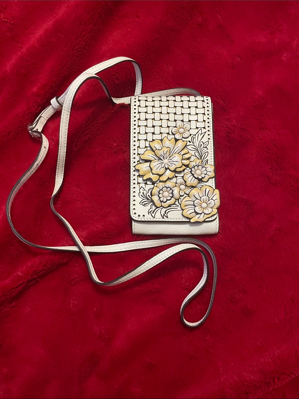 Brighton Tivoll Trellis Tan, Yellow & Black Crossbody Phone Organizer.